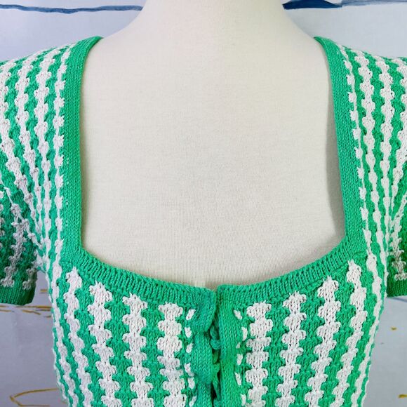 Zara Cropped Knit Blouse Medium Green White Pattern Cropped Knit Tie Front S/M - Picture 2 of 12